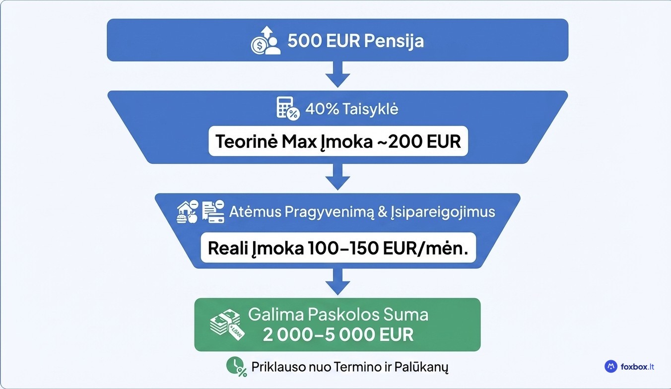 Skaičiavimo pavyzdys: kiek pensininkas su 500 eurų pensija gali pasiskolinti