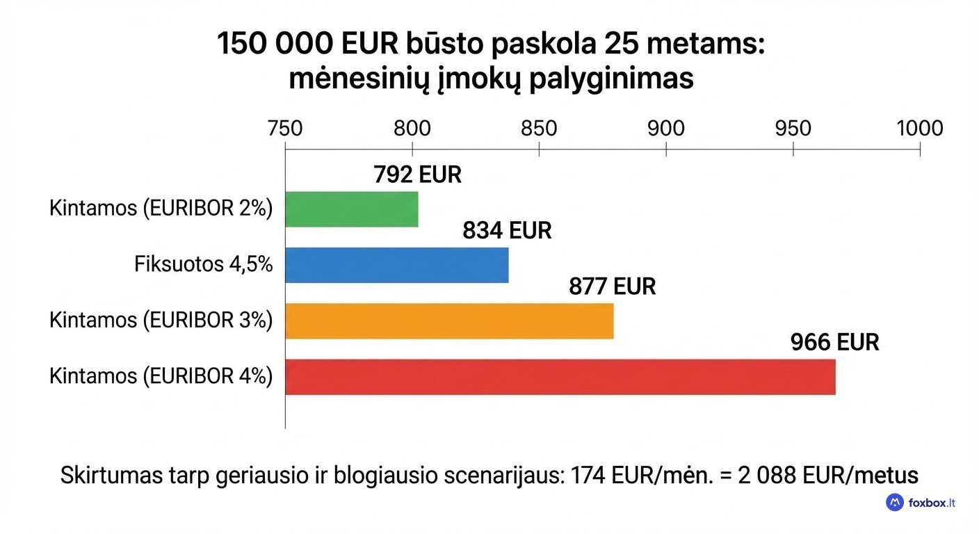 Fiksuotos ir kintamų palūkanų mėnesinių įmokų palyginimas 150 000 EUR būsto paskolai 25 metams – nuo 792 EUR iki 966 EUR