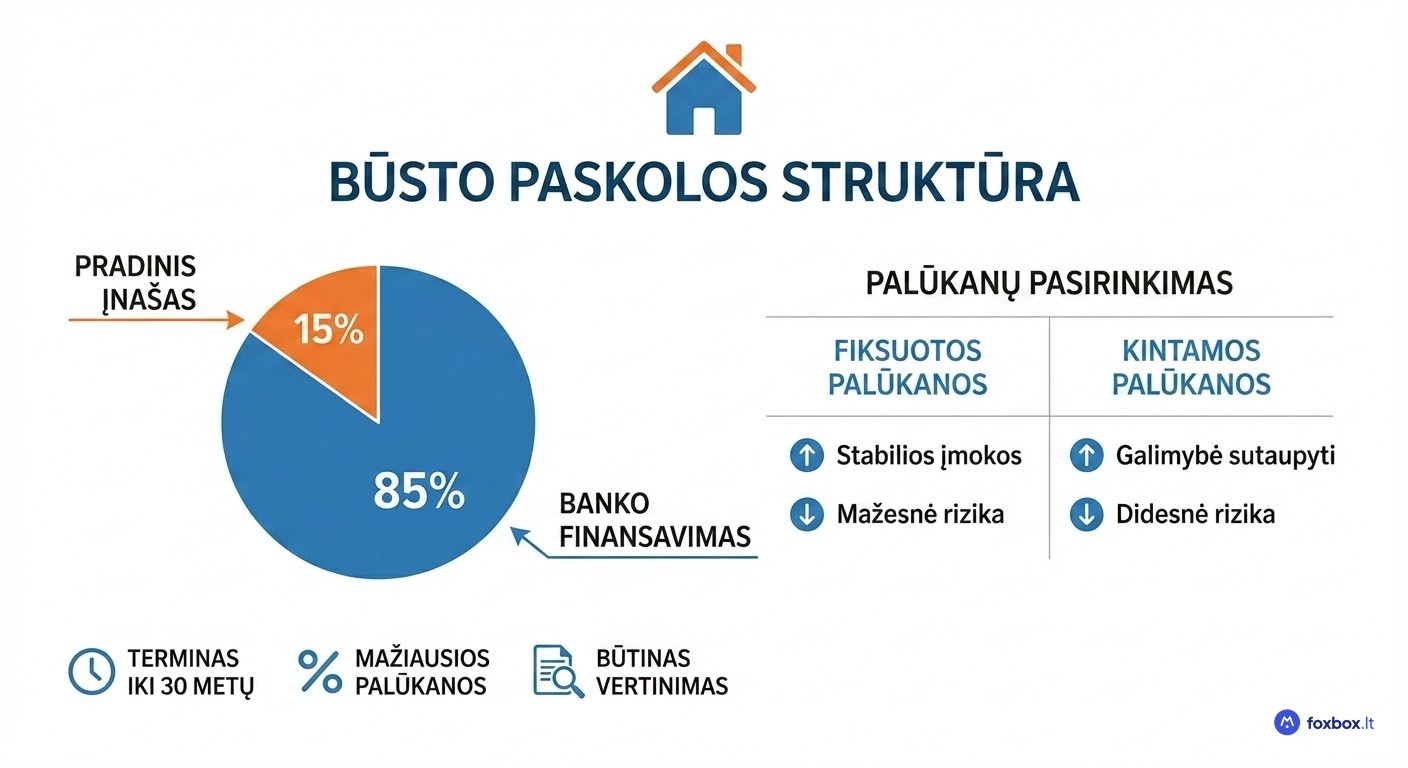 Būsto paskola Lietuva – pradinis įnašas 15%, banko finansavimas 85%, fiksuotos ir kintamos palūkanos palyginimas