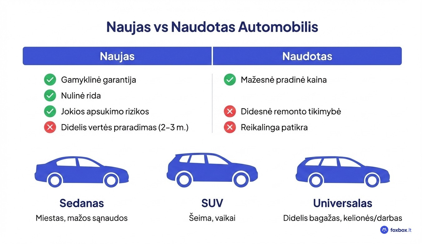 Naujas ar naudotas automobilis Lietuvoje – palyginimas: privalumai, trūkumai ir kėbulo tipo pasirinkimas pagal poreikį
