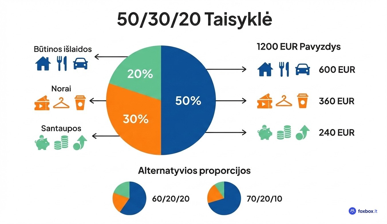 50/30/20 biudžeto taisyklė – pajamų paskirstymas: 50% būtinoms išlaidoms, 30% norams ir 20% santaupoms su 1200 EUR pavyzdžiu
