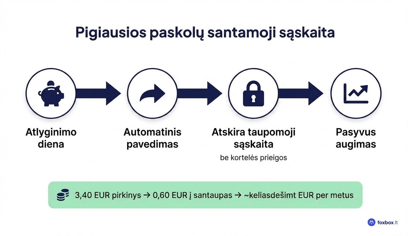 Automatinio taupymo proceso schema – kaip nustatyti automatinius pavedimus ir apvalinimo taisyklę santaupoms Lietuvoje