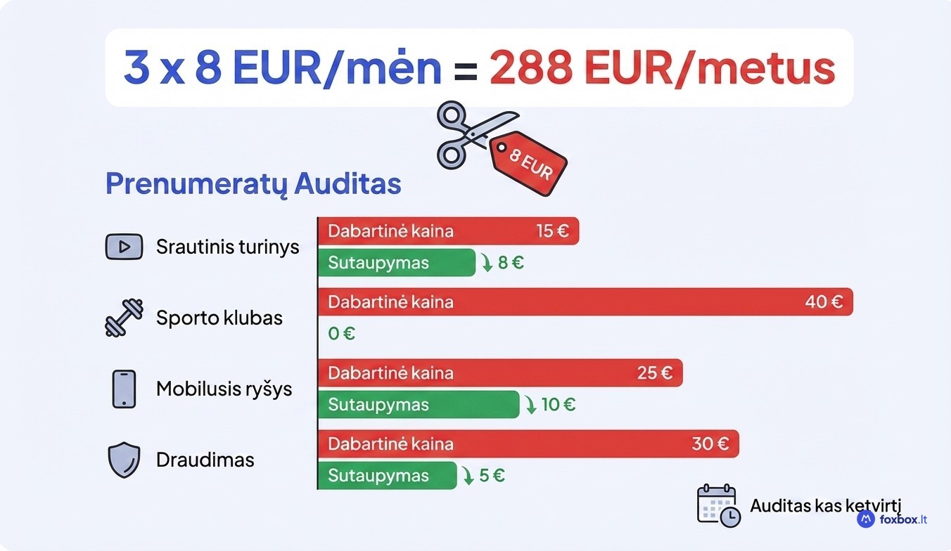 Prenumeratų audito infografika – kaip 3 nenaudojamos prenumeratos po 8 EUR kainuoja 288 EUR per metus ir ką patikrinti