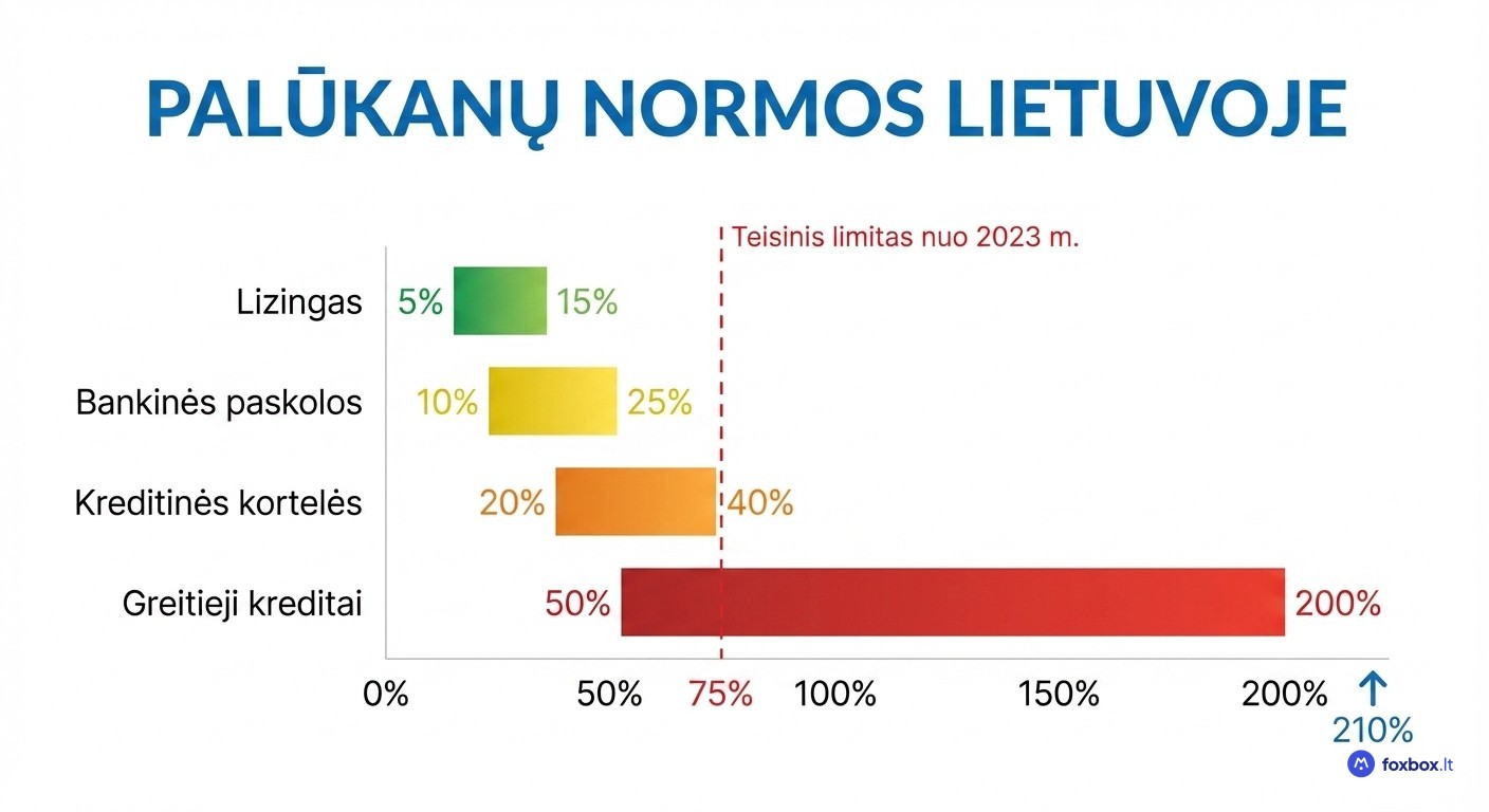 BVKKMN dydžiai Lietuvoje 2026 m. pagal kredito tipą: nuo 5% lizingui iki 200% greitiesiems kreditams su 75% teisiniu limitu