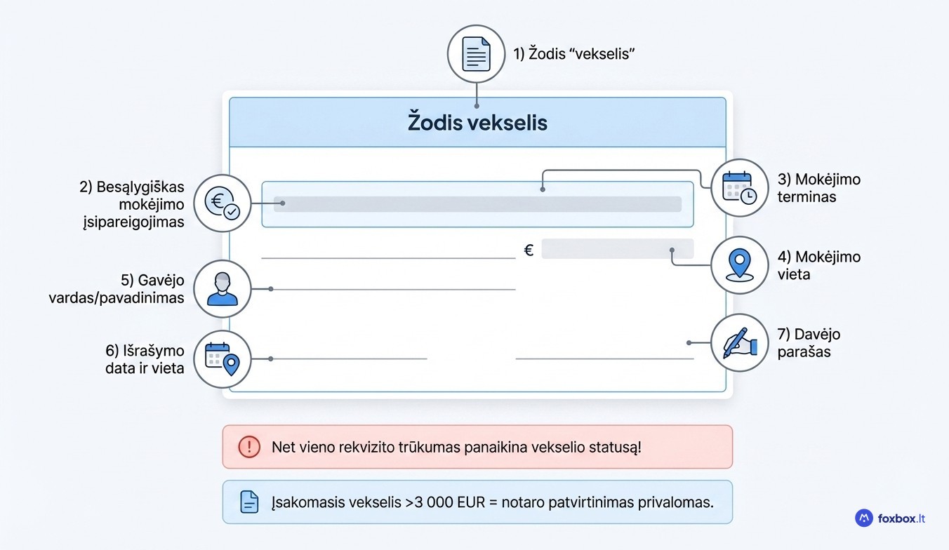 Privalomieji vekselio rekvizitai pagal LR Vekselių įstatymą – 7 privalomi elementai