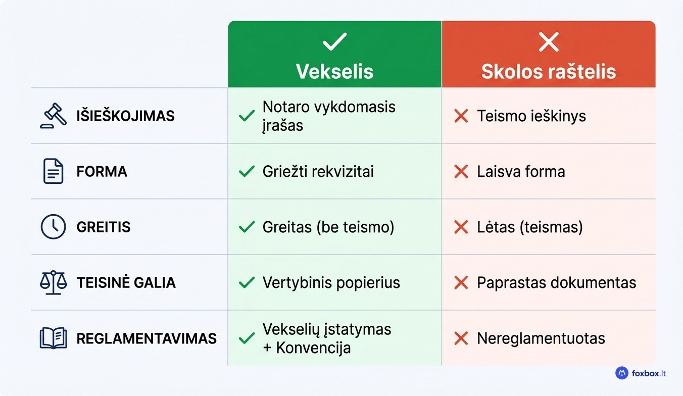 Vekselio ir skolos raštelio palyginimas – išieškojimo procesas, teisinė galia ir rekvizitai