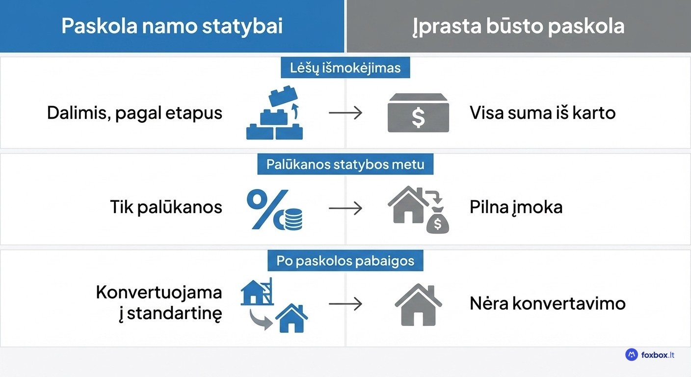 Paskola namo statybai ir įprastos būsto paskolos palyginimas: lėšų išmokėjimas, palūkanos statybos metu ir konvertavimas