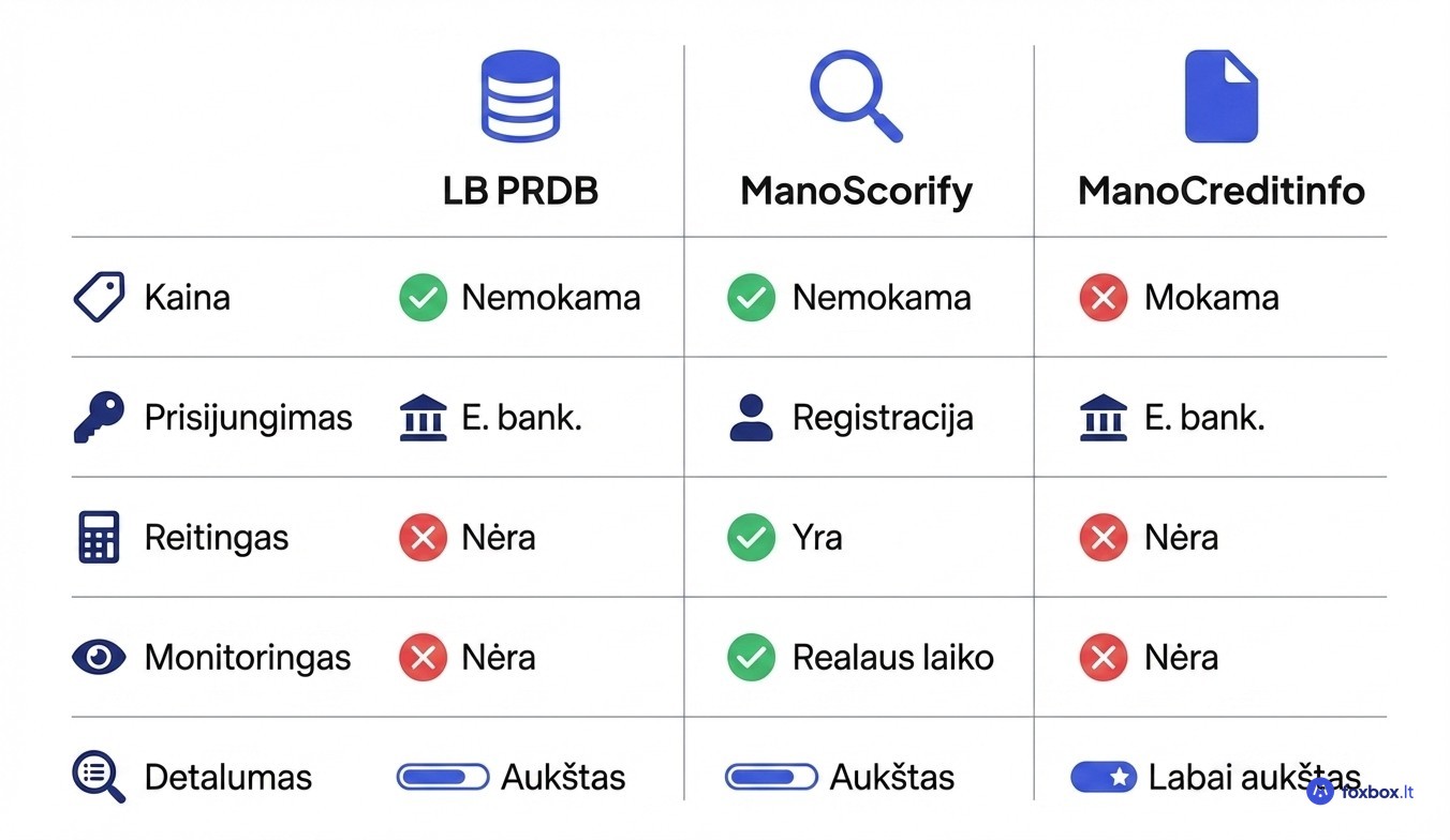 Creditinfo, ManoScorify ir Lietuvos banko kredito istorijos tikrinimo platformų palyginimo lentelė pagal kainą, funkcijas ir prieigos būdą