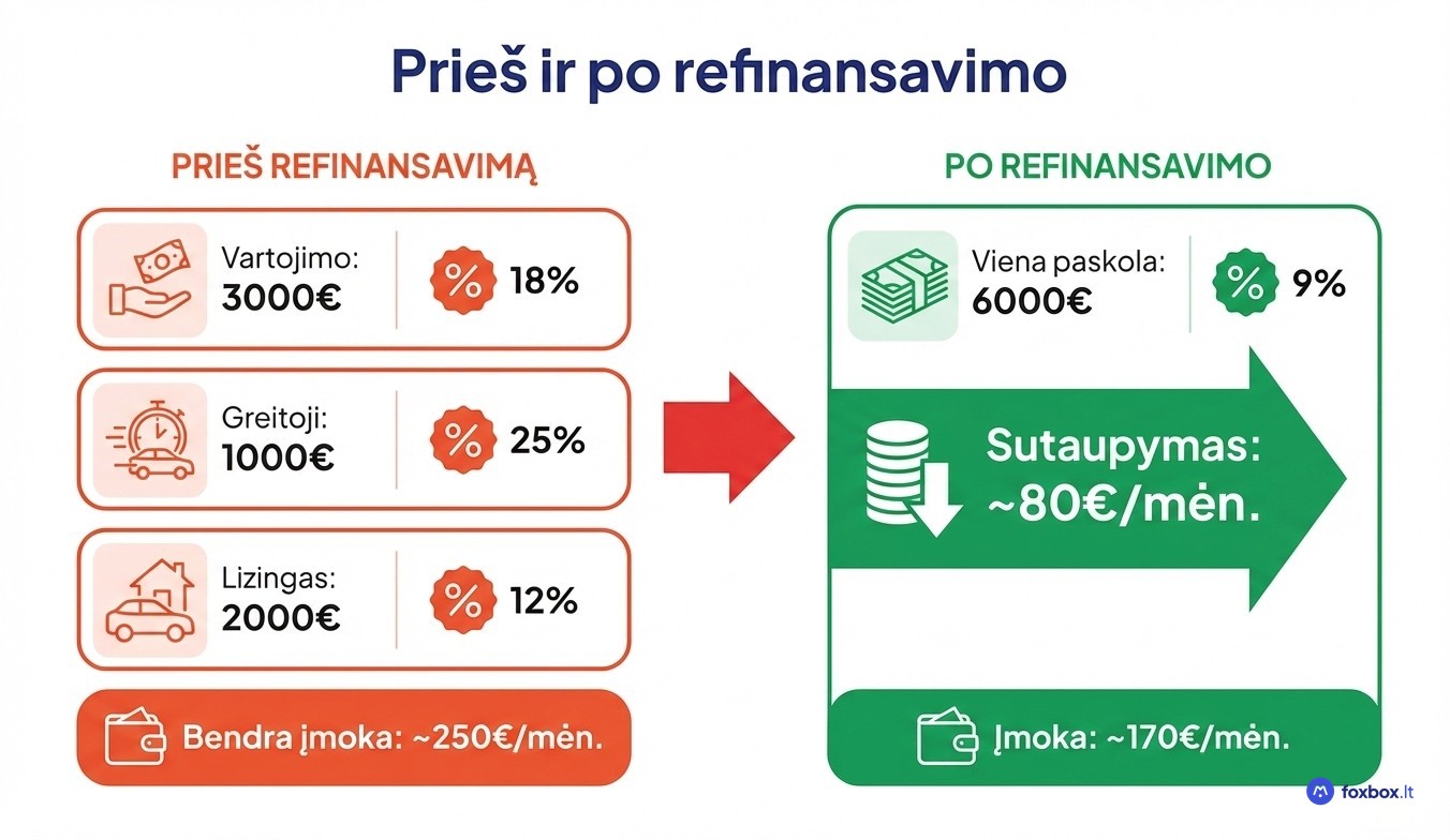 Refinansavimo pavyzdys: trijų paskolų palyginimas su viena refinansuota paskola – mėnesinė įmoka sumažėja nuo 250€ iki 170€