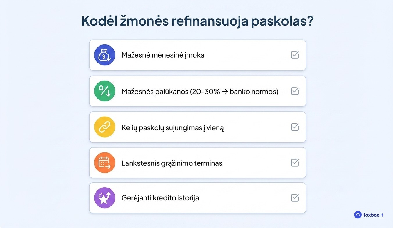 5 pagrindiniai paskolų refinansavimo privalumai: mažesnė įmoka, mažesnės palūkanos, paskolų konsolidacija, lankstus terminas, geresnė kredito istorija