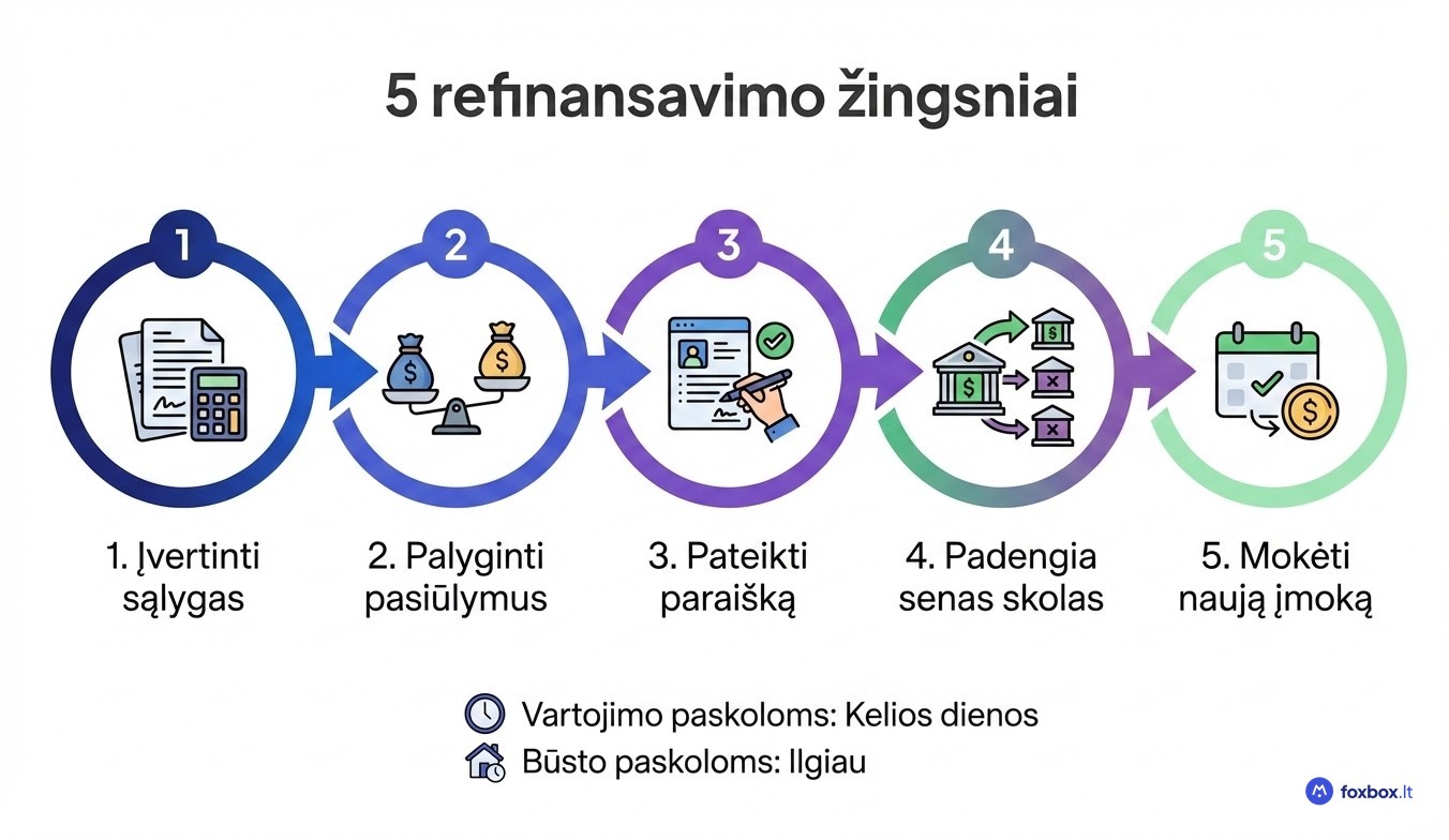 Refinansavimo proceso 5 žingsniai Lietuvoje: nuo dabartinių sąlygų įvertinimo iki naujos įmokos mokėjimo