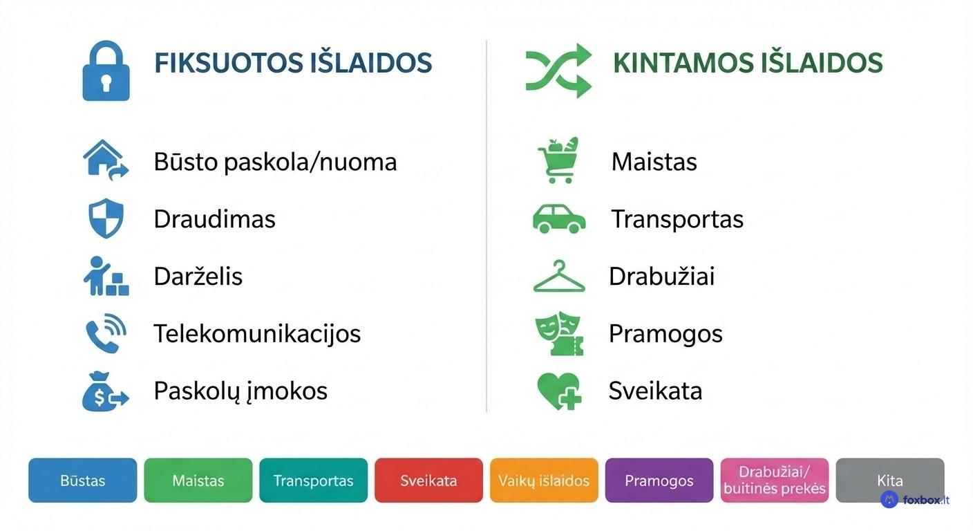 Šeimos išlaidų kategorijos: fiksuotų ir kintamų išlaidų palyginimas su 8 pagrindinėmis kategorijomis