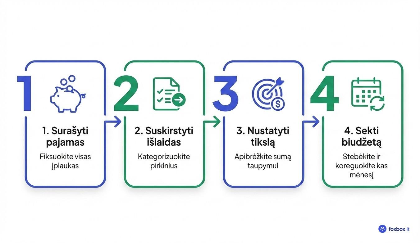 Šeimos taupymo tikslai: skubios pagalbos fondas 3–6 mėnesiams ir netikėtų išlaidų fondas – nuo 50 eurų per mėnesį